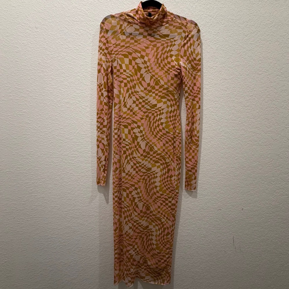 AFRM Shailene Mesh Midi Dress Pink Mustard Psychedelic Checkerboard Small